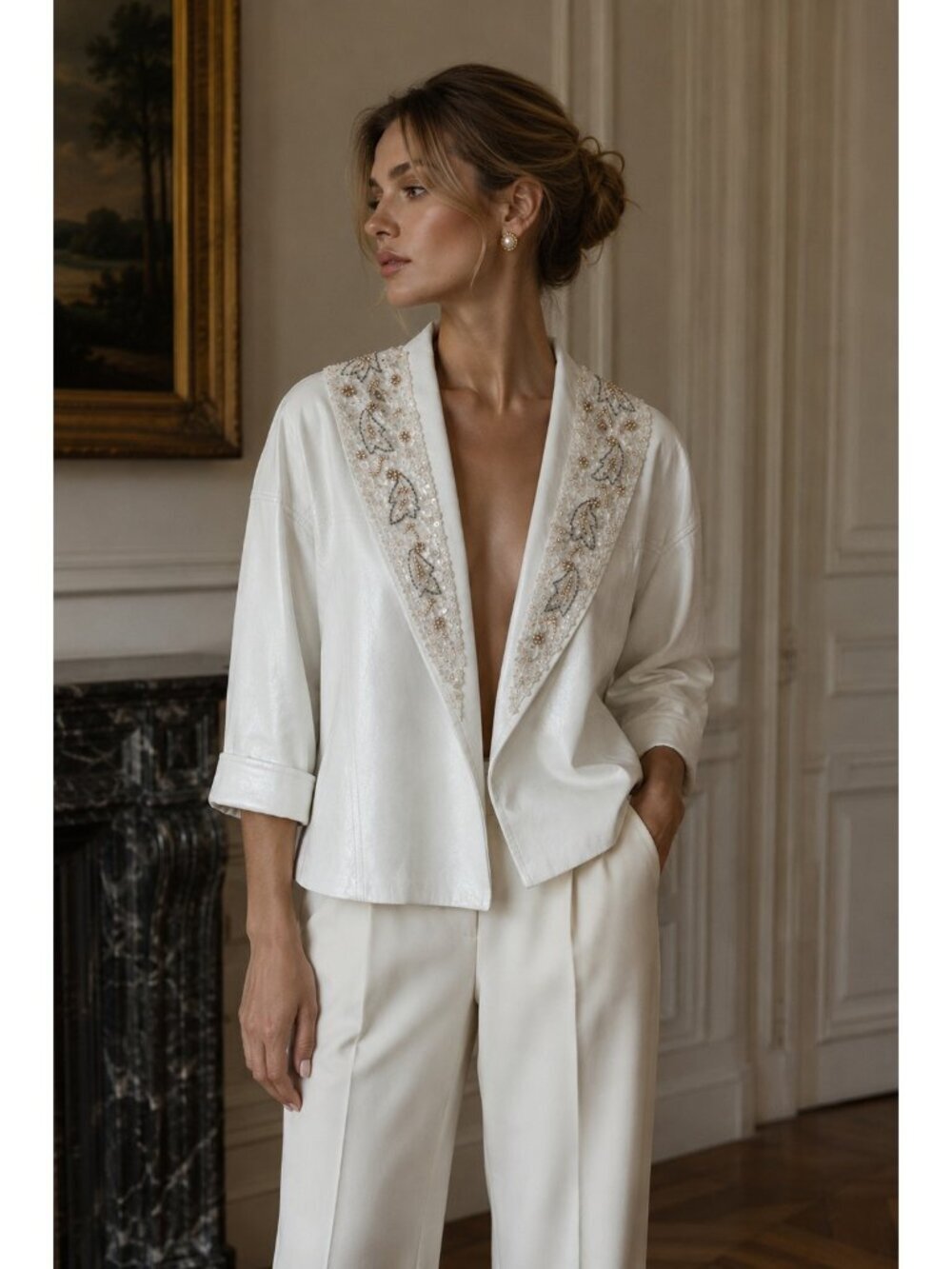 Vintage White Genuine Leather Beaded Sequin Jacket Women Cropped Open Front Boho